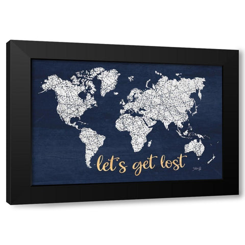 Lets Get Lost World Map Black Modern Wood Framed Art Print by Rae, Marla