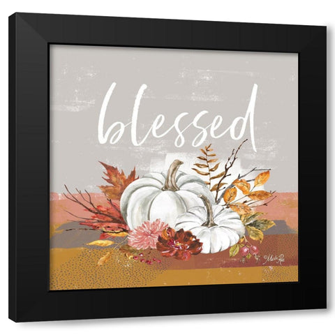 Blessed Pumpkin and Fall Flowers Black Modern Wood Framed Art Print by Rae, Marla
