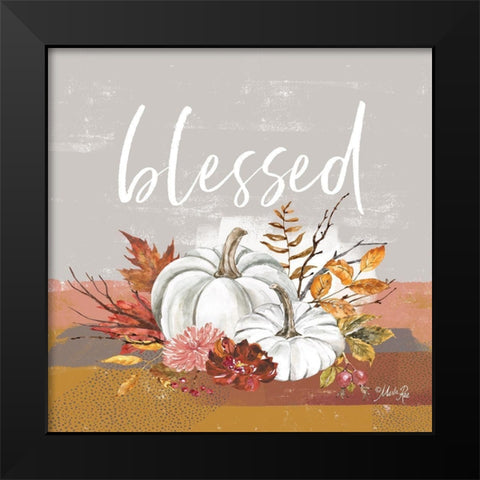 Blessed Pumpkin and Fall Flowers Black Modern Wood Framed Art Print by Rae, Marla
