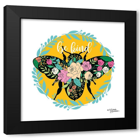 Be Kind Floral Bee Black Modern Wood Framed Art Print with Double Matting by Norman, Michele
