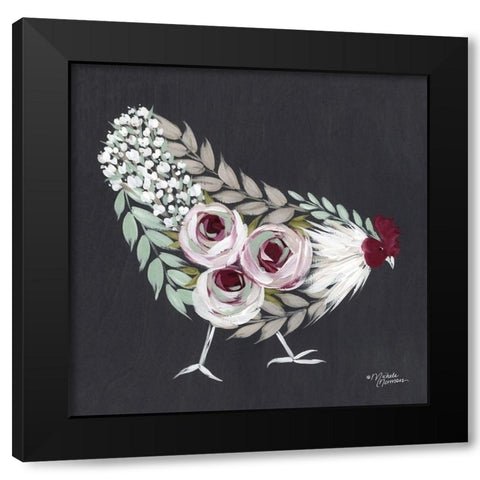 Floral Hen Mint and Pink Black Modern Wood Framed Art Print with Double Matting by Norman, Michele
