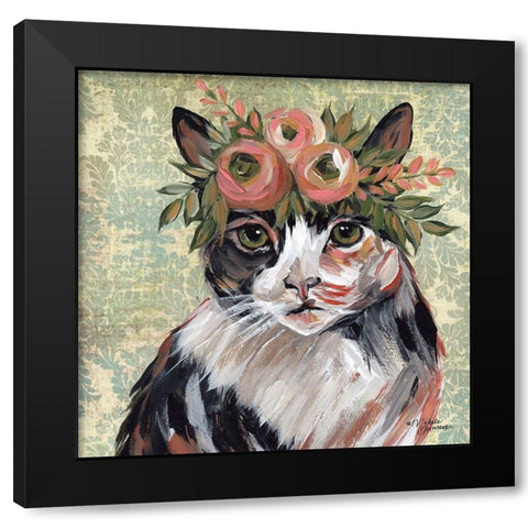 Cat with Floral Crown Black Modern Wood Framed Art Print by Norman, Michele