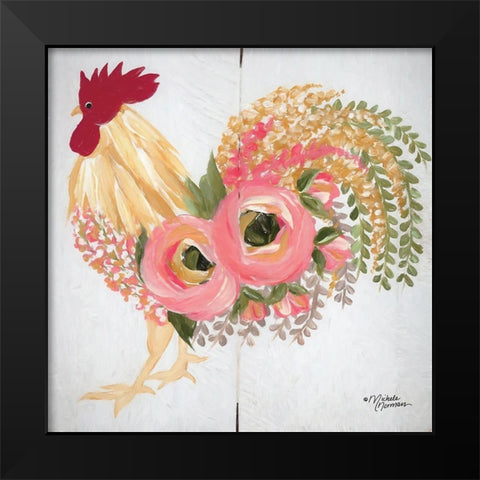 Floral Rooster on White Black Modern Wood Framed Art Print by Norman, Michele