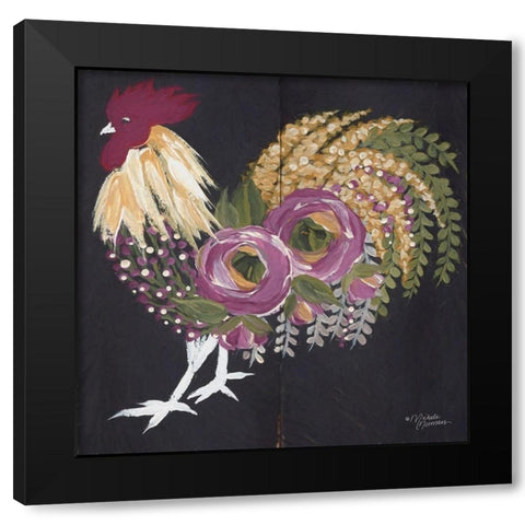 Floral Rooster on Black Black Modern Wood Framed Art Print with Double Matting by Norman, Michele