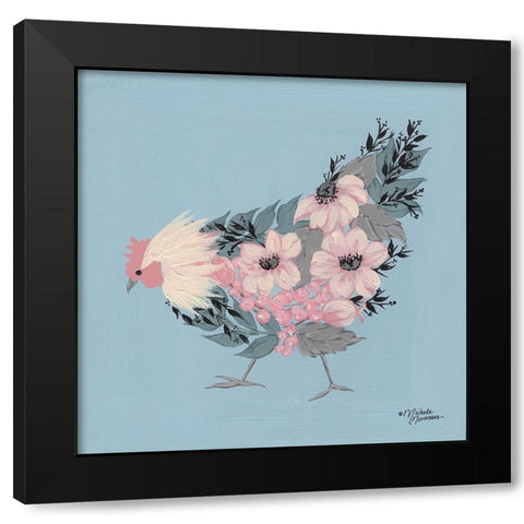 Blue Floral Hen Black Modern Wood Framed Art Print with Double Matting by Norman, Michele