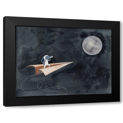 Paper Airplane to the Moon Black Modern Wood Framed Art Print by Nieman, Rachel