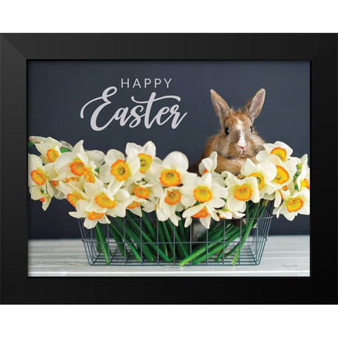 Happy Easter Bunny and Flowers Black Modern Wood Framed Art Print by Ball, Susan