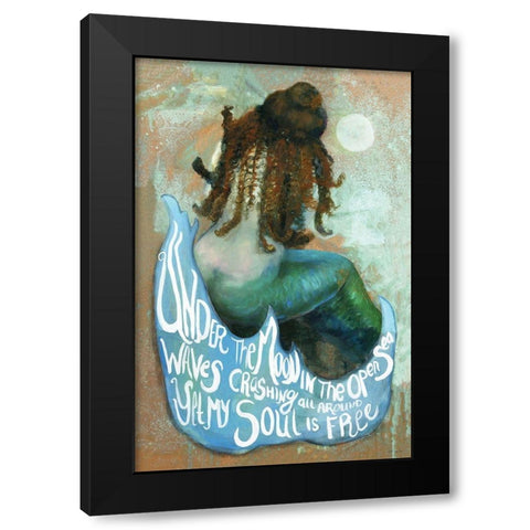 Under the Moon Mermaid Black Modern Wood Framed Art Print by Stellar Design Studio