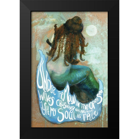 Under the Moon Mermaid Black Modern Wood Framed Art Print by Stellar Design Studio