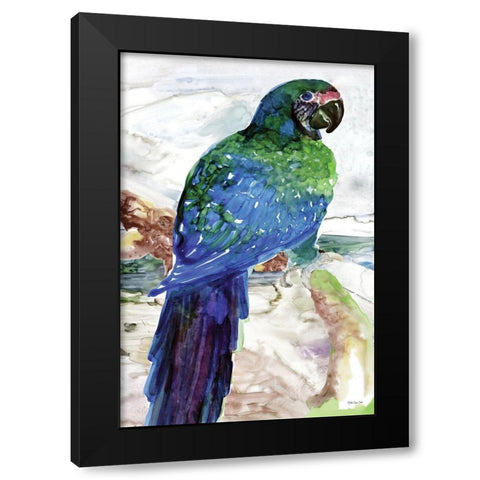 Blue Parrot on Branch 1 Black Modern Wood Framed Art Print by Stellar Design Studio