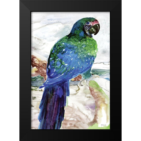 Blue Parrot on Branch 1 Black Modern Wood Framed Art Print by Stellar Design Studio