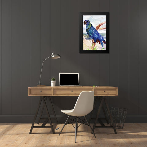 Blue Parrot on Branch 2 Black Modern Wood Framed Art Print by Stellar Design Studio