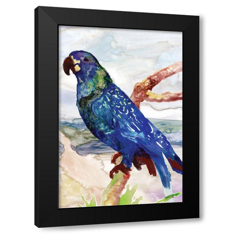 Blue Parrot on Branch 2 Black Modern Wood Framed Art Print by Stellar Design Studio
