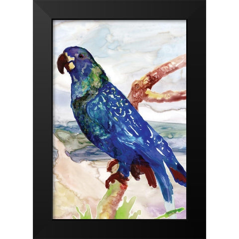 Blue Parrot on Branch 2 Black Modern Wood Framed Art Print by Stellar Design Studio