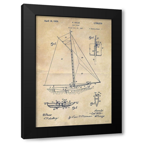 Sailboat Plan I Black Modern Wood Framed Art Print with Double Matting by Stellar Design Studio