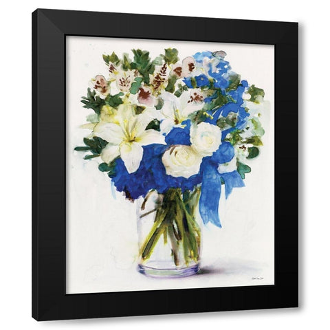 White And Navy Floral Arrangement I Black Modern Wood Framed Art Print with Double Matting by Stellar Design Studio