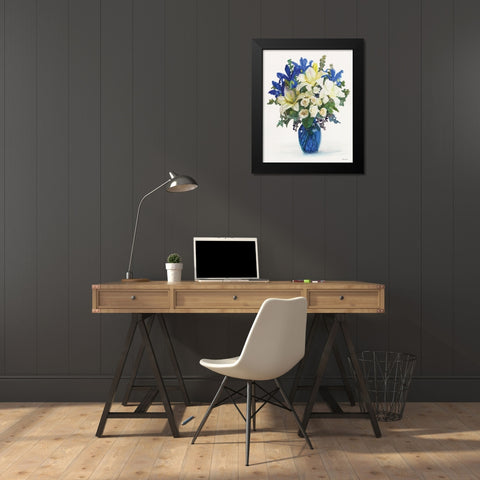 White And Navy Floral Arrangement II Black Modern Wood Framed Art Print by Stellar Design Studio