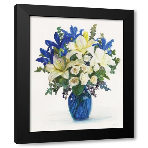 White And Navy Floral Arrangement II Black Modern Wood Framed Art Print with Double Matting by Stellar Design Studio