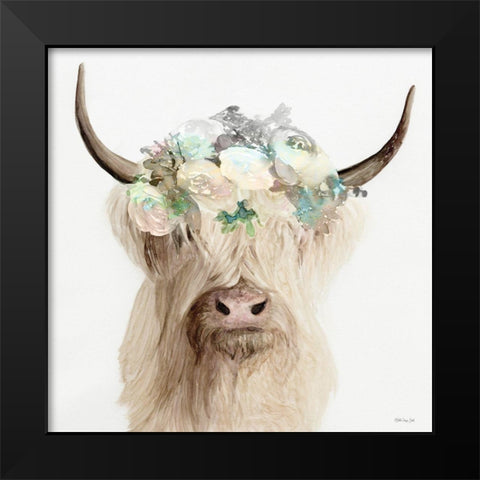 Floral Highland Cow    Black Modern Wood Framed Art Print by Stellar Design Studio