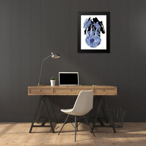 Tropical Plant in Blue Black Modern Wood Framed Art Print by Stellar Design Studio