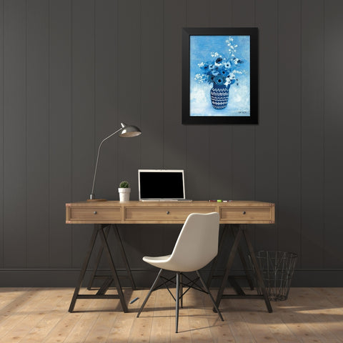 Moody Blue Floral Black Modern Wood Framed Art Print by Stellar Design Studio