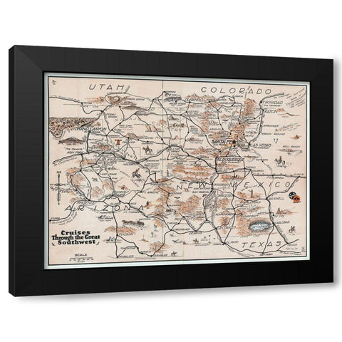 Southwest Travel Map Black Modern Wood Framed Art Print with Double Matting by Stellar Design Studio