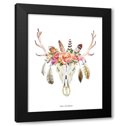 Boho Floral Feather Skull Black Modern Wood Framed Art Print by Seven Trees Design