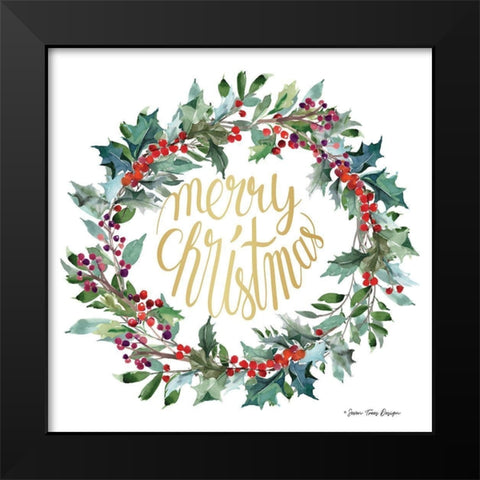 Merry Christmas Holly Wreath Black Modern Wood Framed Art Print by Seven Trees Design