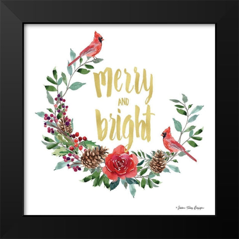 Merry and Bright Wreath with Cardinals  Black Modern Wood Framed Art Print by Seven Trees Design