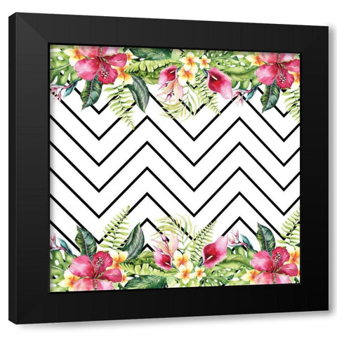 Watercolor Tropical Flowers and Lines Black Modern Wood Framed Art Print with Double Matting by Seven Trees Design
