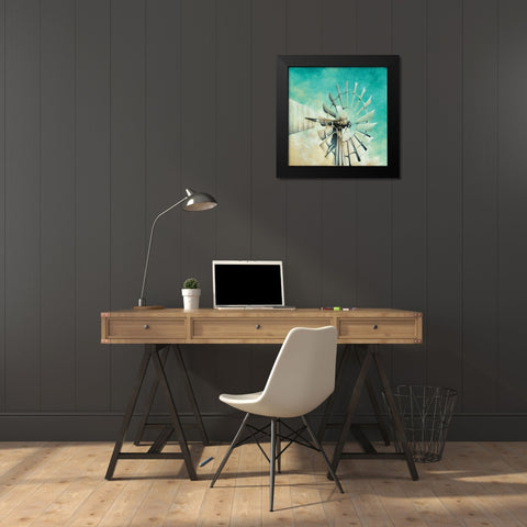 Teal Windmill Black Modern Wood Framed Art Print by White Ladder