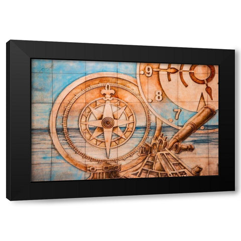 Nile River Expedition-Lower Egypt-Cairo Mural of compass and clock signifying Egypts early advances Black Modern Wood Framed Art Print by Jones, Alison