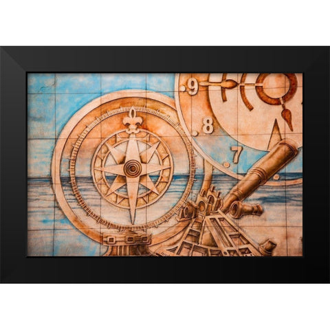 Nile River Expedition-Lower Egypt-Cairo Mural of compass and clock signifying Egypts early advances Black Modern Wood Framed Art Print by Jones, Alison