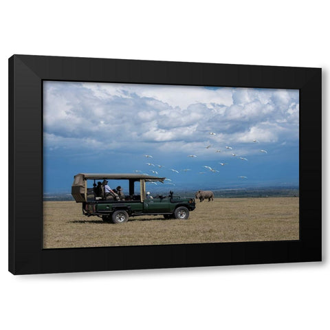 Africa-Kenya-Ol Pejeta Conservancy-Safari jeep with Southern white rhinoceros-Ceratotherium simum Black Modern Wood Framed Art Print by Hopkins, Cindy Miller