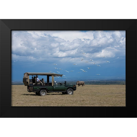 Africa-Kenya-Ol Pejeta Conservancy-Safari jeep with Southern white rhinoceros-Ceratotherium simum Black Modern Wood Framed Art Print by Hopkins, Cindy Miller