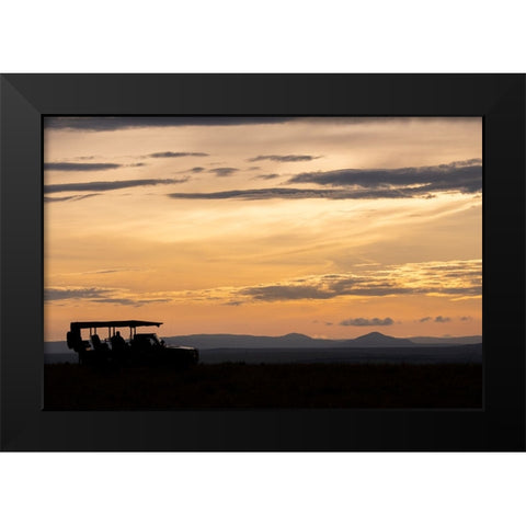 Africa-Kenya-Northern Serengeti Plains-Maasai Mara-Mara sunrise with safari jeep silhouette Black Modern Wood Framed Art Print by Hopkins, Cindy Miller