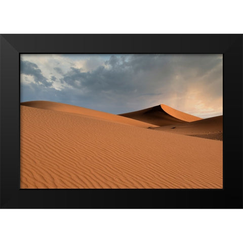 Sand dunes glow orange at sunset in the Sahara Desert. Black Modern Wood Framed Art Print by Sederquist, Betty