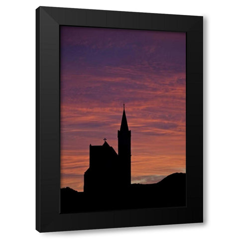 Namibia, Luderitz Church silhouetted by sunrise Black Modern Wood Framed Art Print by Anon, Josh