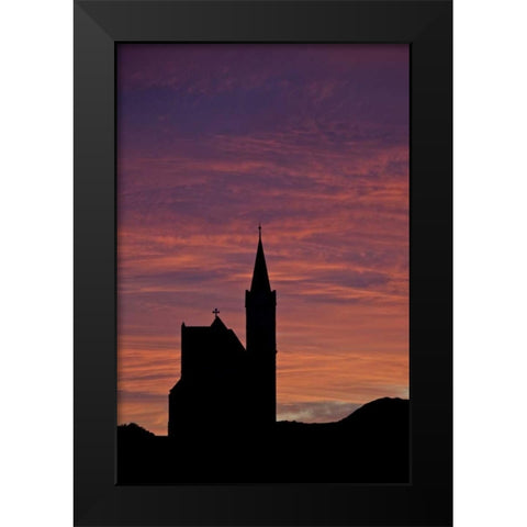 Namibia, Luderitz Church silhouetted by sunrise Black Modern Wood Framed Art Print by Anon, Josh