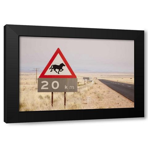 Namibia, Aus Wild horse warning sign Black Modern Wood Framed Art Print with Double Matting by Kaveney, Wendy