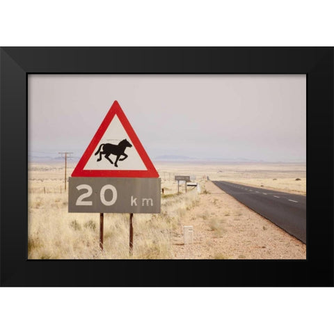 Namibia, Aus Wild horse warning sign Black Modern Wood Framed Art Print by Kaveney, Wendy