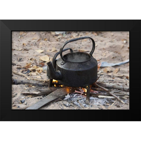 Namibia, Nhoma Kettle heats on an open fire Black Modern Wood Framed Art Print by Kaveney, Wendy