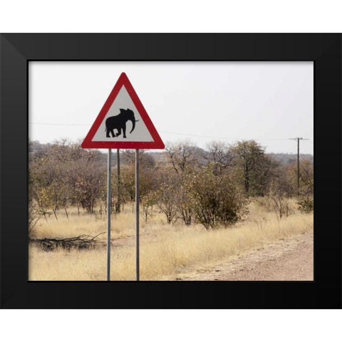 Namibia, Damaraland Sign warning about elephants Black Modern Wood Framed Art Print by Kaveney, Wendy