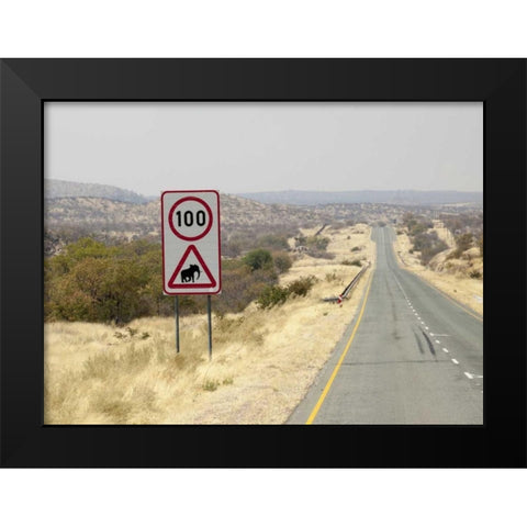 Namibia, Etosha NP Speed limit and caution sign Black Modern Wood Framed Art Print by Kaveney, Wendy