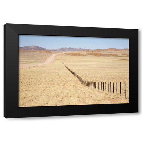 Namibia, Namib Desert Road and fence in desert Black Modern Wood Framed Art Print by Kaveney, Wendy