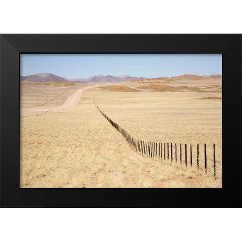 Namibia, Namib Desert Road and fence in desert Black Modern Wood Framed Art Print by Kaveney, Wendy