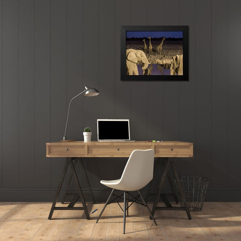 Namibia, Etosha NP Elephants and giraffes Black Modern Wood Framed Art Print by Kaveney, Wendy