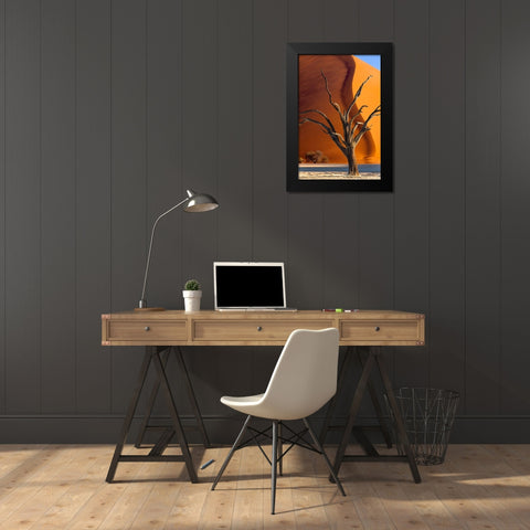 Namibia-Sossusvlei-Namib-Naukluft National Park-Composite of dead tree and sand dune Black Modern Wood Framed Art Print by Jaynes Gallery