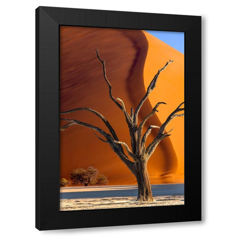 Namibia-Sossusvlei-Namib-Naukluft National Park-Composite of dead tree and sand dune Black Modern Wood Framed Art Print by Jaynes Gallery