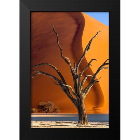 Namibia-Sossusvlei-Namib-Naukluft National Park-Composite of dead tree and sand dune Black Modern Wood Framed Art Print by Jaynes Gallery
